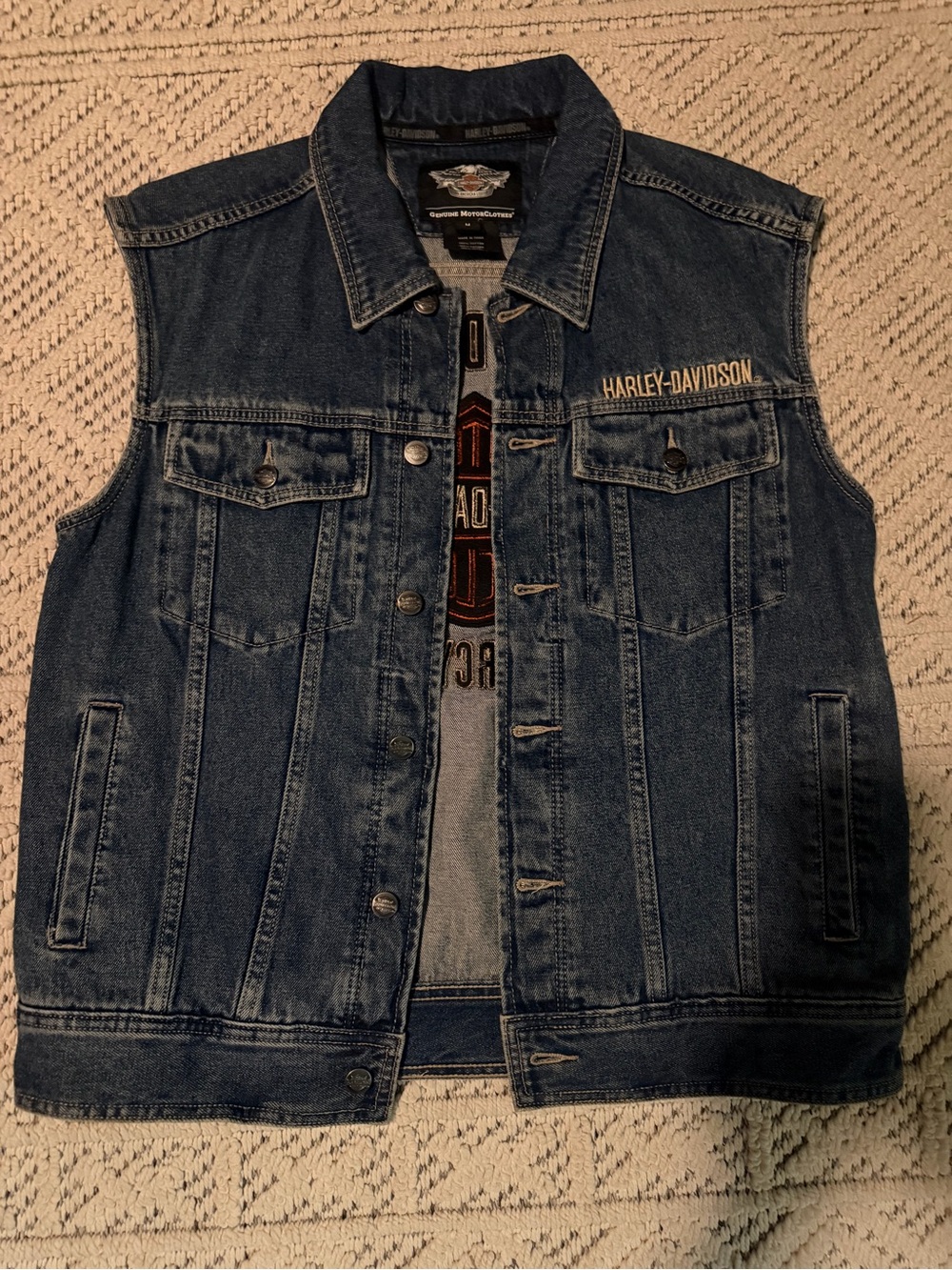 Harley-Davidson Men’s Denim Vest Jacket in Dark Blue- medium